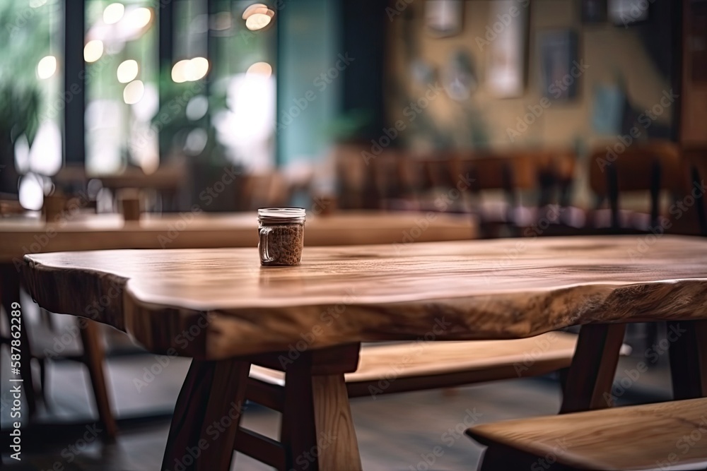 wooden table with a jar of peanut butter and sliced bread beside it. Generative AI