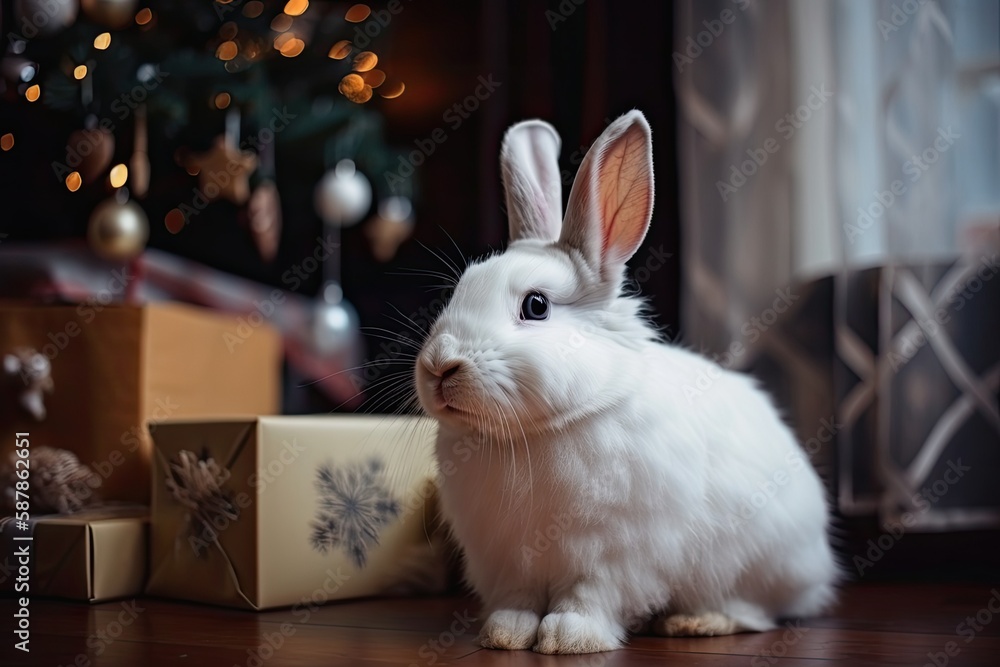 cute white rabbit sitting next to a decorated Christmas tree. Generative AI