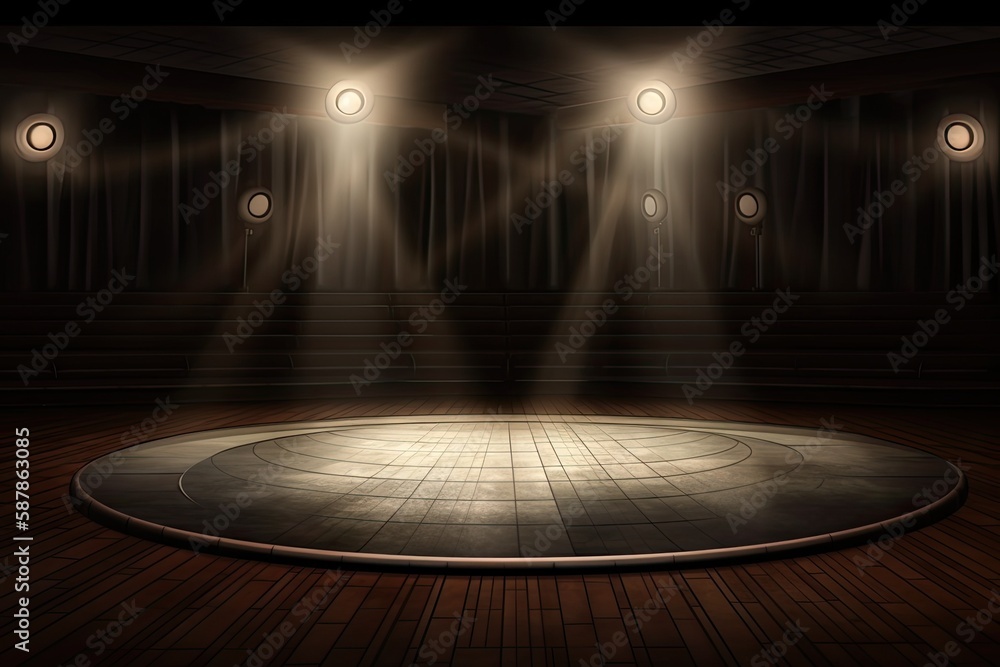 Illustration of an empty stage with dramatic spotlights shining down. Generative AI