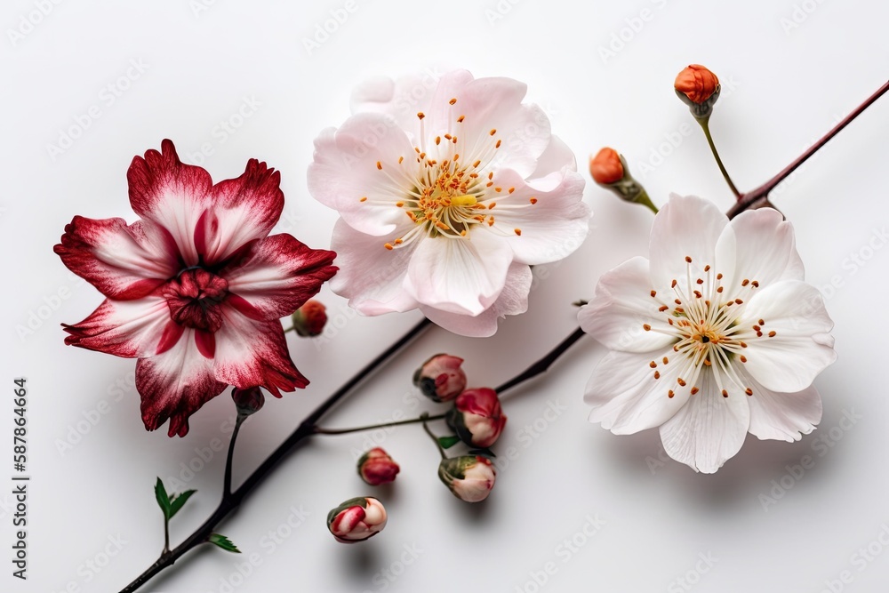 Illustration of three colorful flowers arranged on a white background. Generative AI