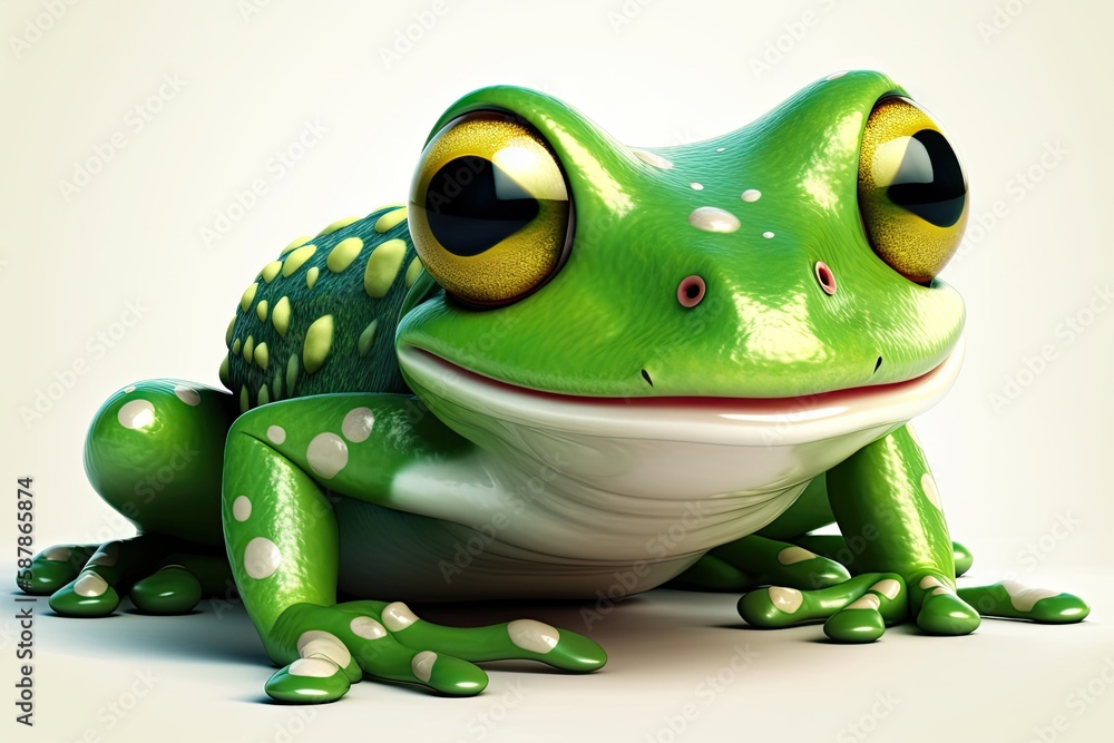 green frog with big yellow eyes sitting on the ground. Generative AI