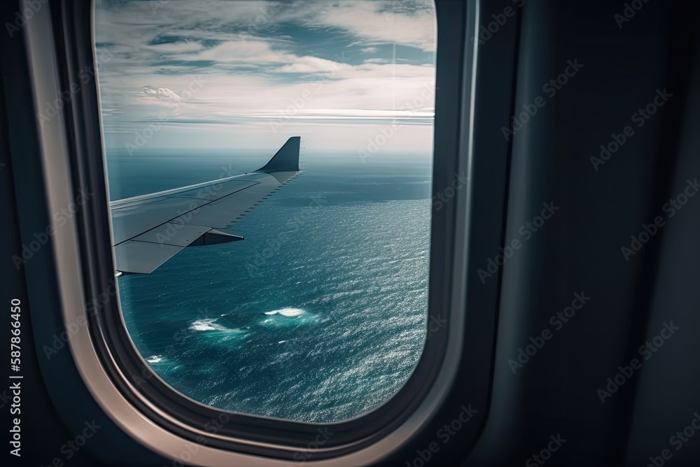 Illustration of aerial view of the ocean through an airplane window. Generative AI