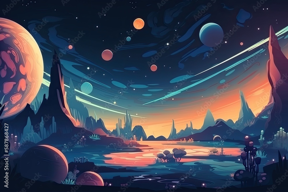 surreal landscape with an otherworldly sky full of planets. Generative AI