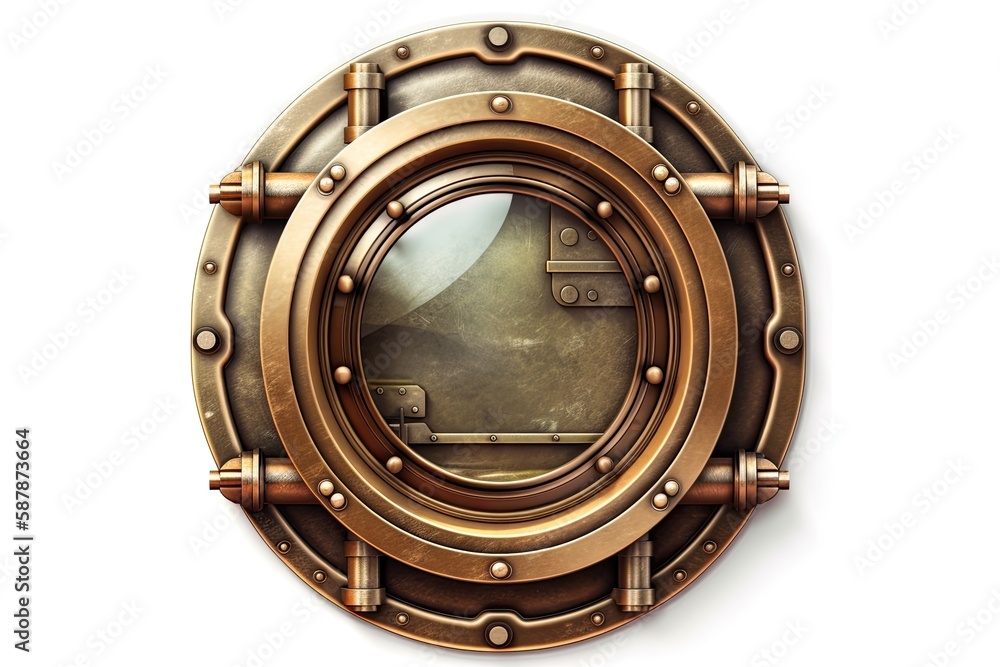 round metal porthole with bolts on a plain white background. Generative AI