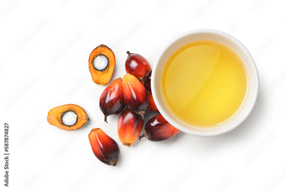 Top view of Palm oil with palm nuts isolated on white background.