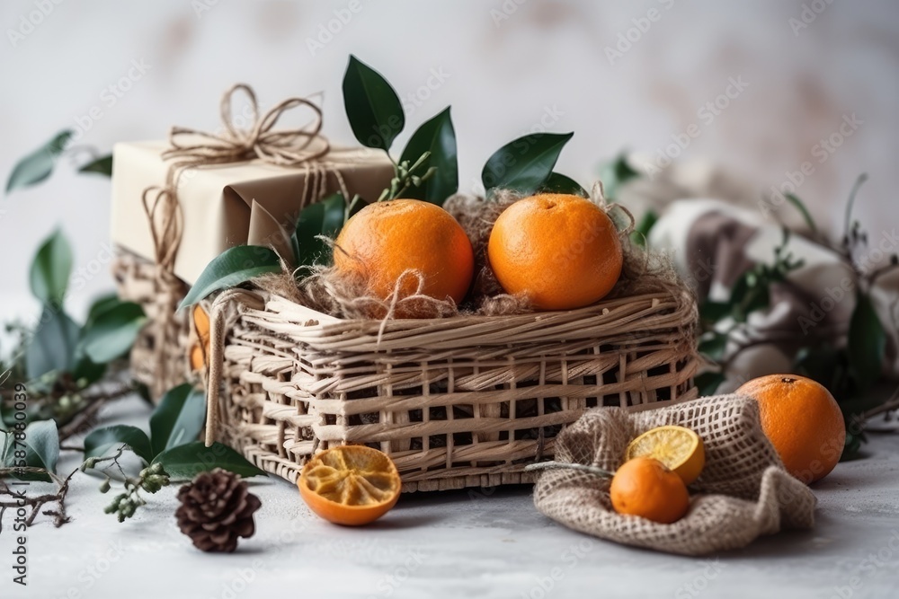 basket of oranges and wrapped gifts. Generative AI