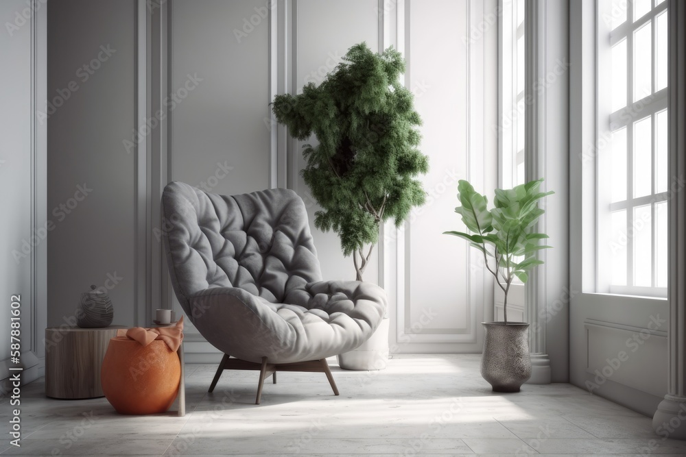 minimalist interior with a chair and a potted plant. Generative AI