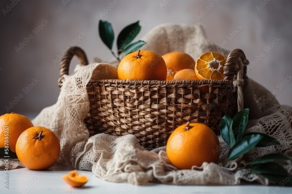 basket of fresh oranges on a wooden table. Generative AI