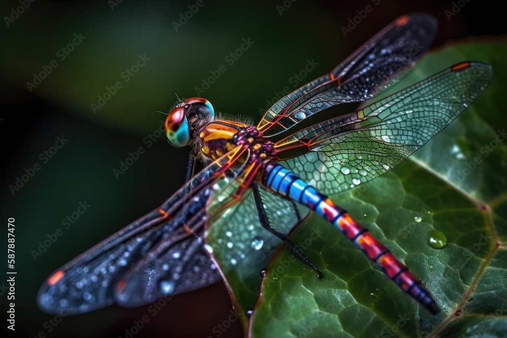 dragonfly perched on a green leaf. Generative AI