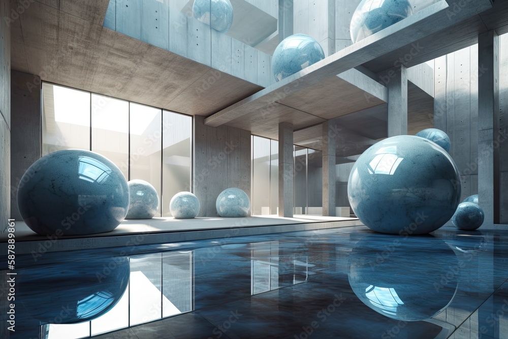 Swimming Pool with Large Blue Balls in the Center. Generative AI