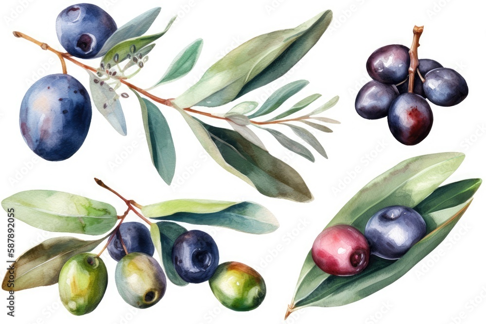 Illustration of olives and leaves on a blank canvas. Generative AI