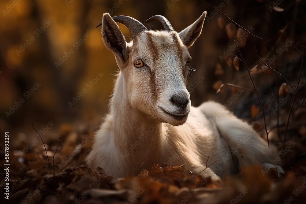 relaxed goat resting in a bed of autumn leaves. Generative AI