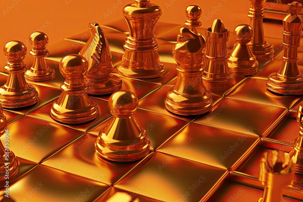 golden chess board with intricately designed pieces in their starting positions. Generative AI