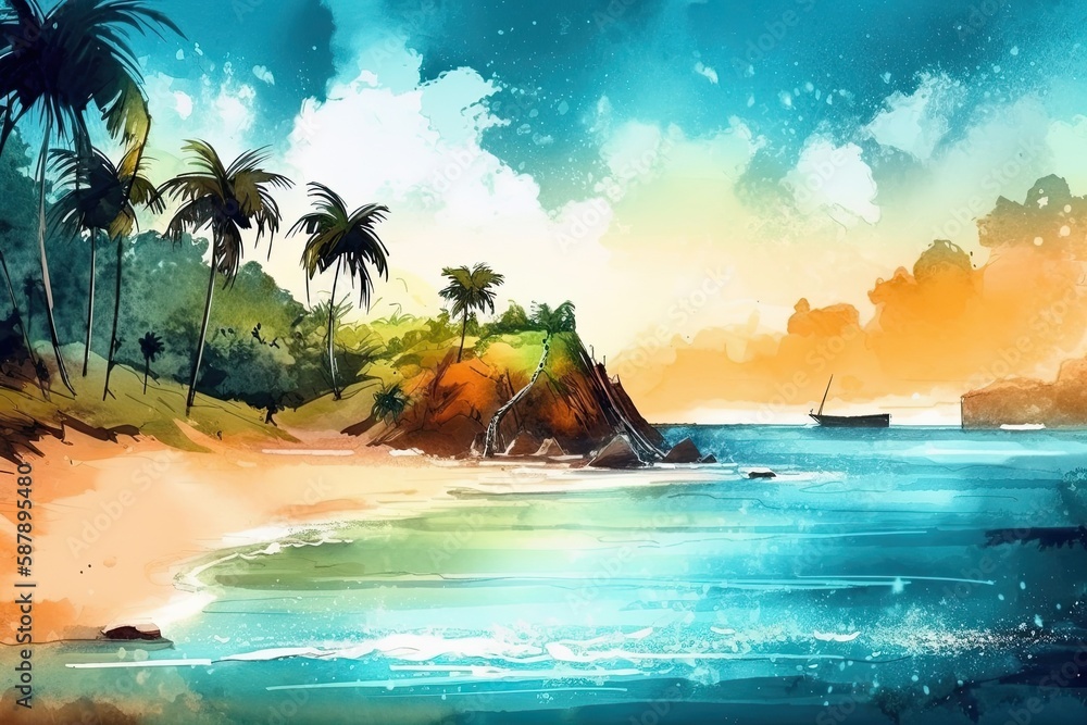 tropical beach with swaying palm trees. Generative AI