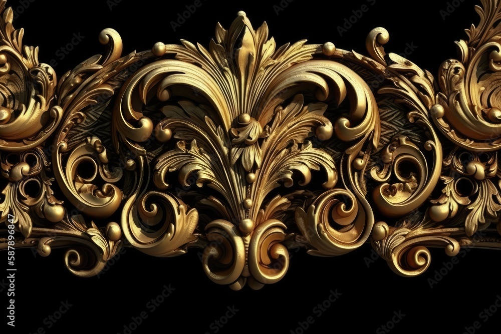 Illustration of an ornate gold frame with a black background, perfect for displaying artwork or phot