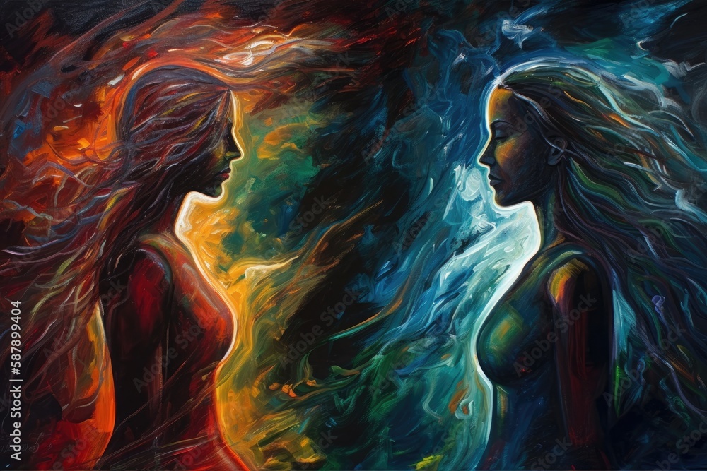 Illustration of two women standing face to face in a painted artwork. Generative AI