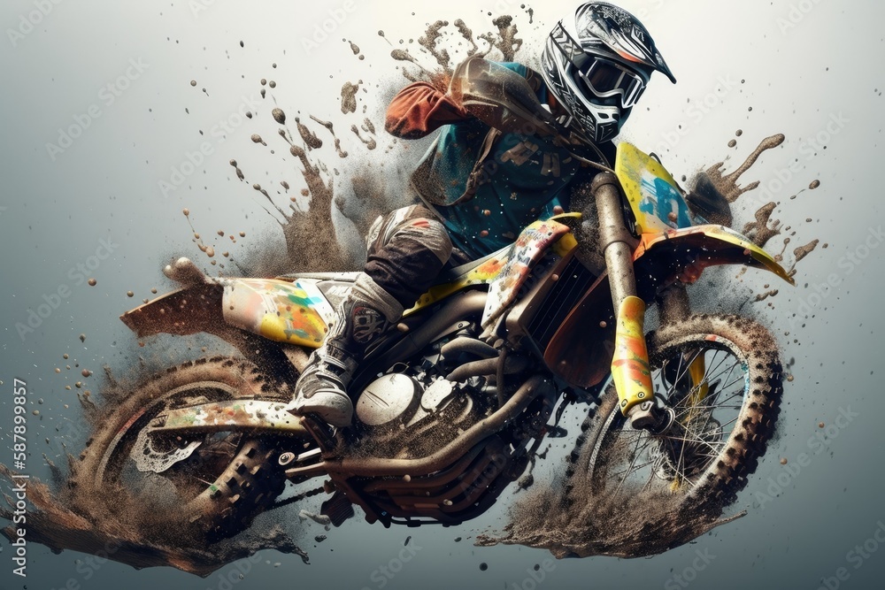 male dirt biker performing a jump on a dirt track. Generative AI