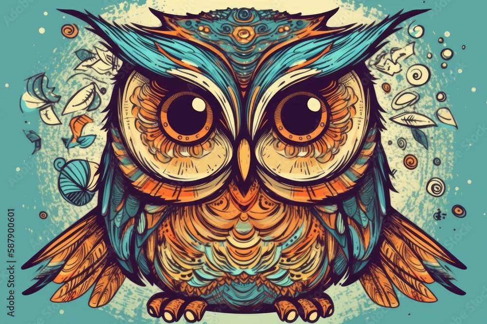 Illustration of an owl with large eyes perched on a tree branch. Generative AI