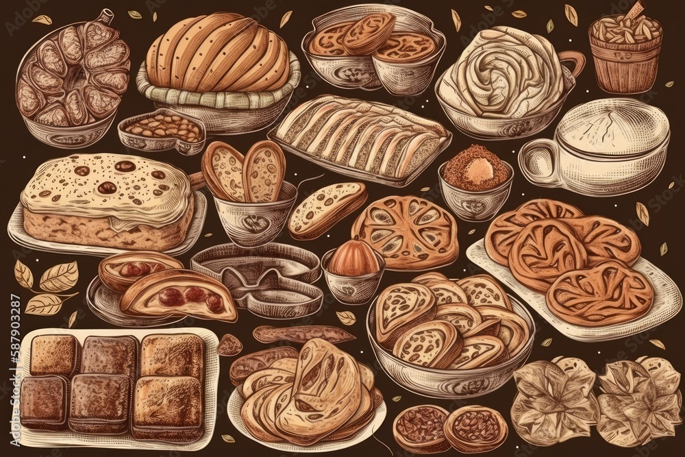 Illustration of various types of bread and pastries displayed on a wooden table. Generative AI