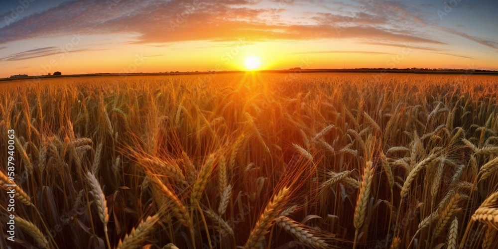 Panoramic view on field of golden ripe wheat on sunset. Generative AI