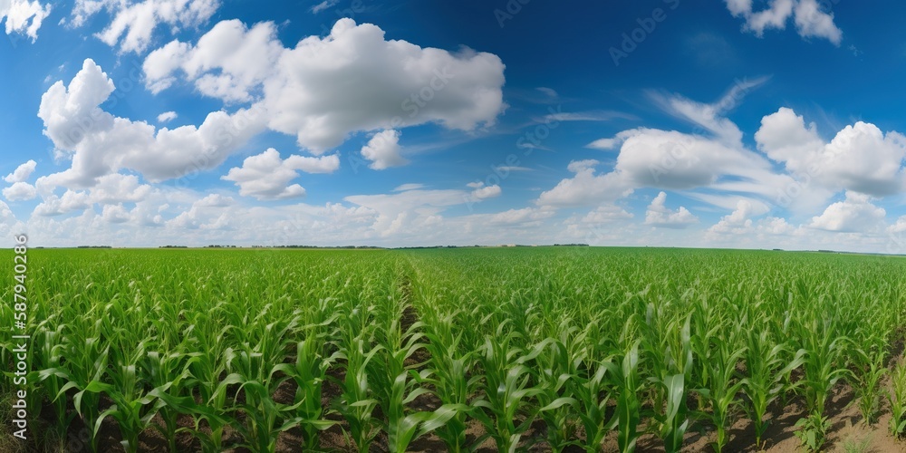 Agricultural corn field on sunny summer day. Generative AI