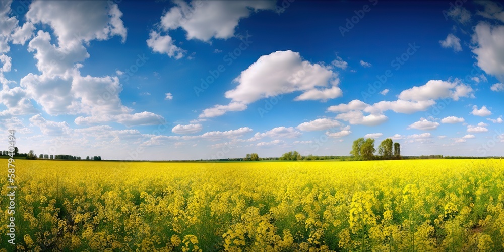 Spring flower field and blue sky with white clouds. Generative AI