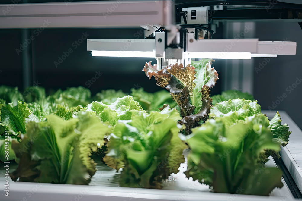 Automatic Agricultural Technology With Close-up View Of Robotic Arm Harvesting Lettuce In Vertical H