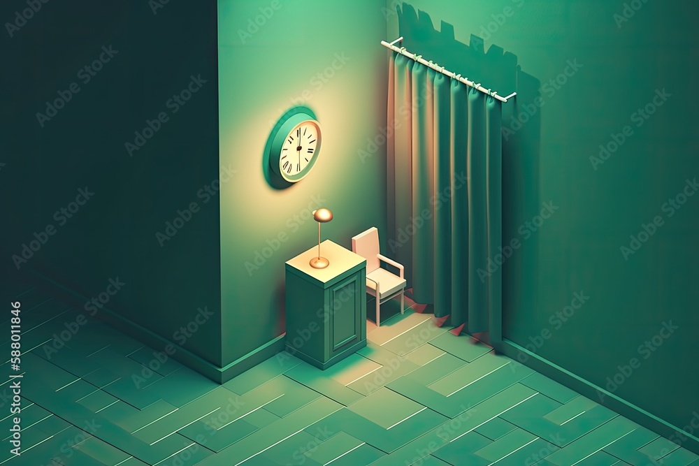 Green Wall Room with Clock. Generative AI