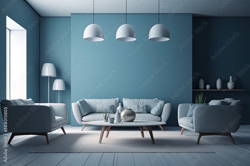 modern living room with blue walls and white furniture. Generative AI