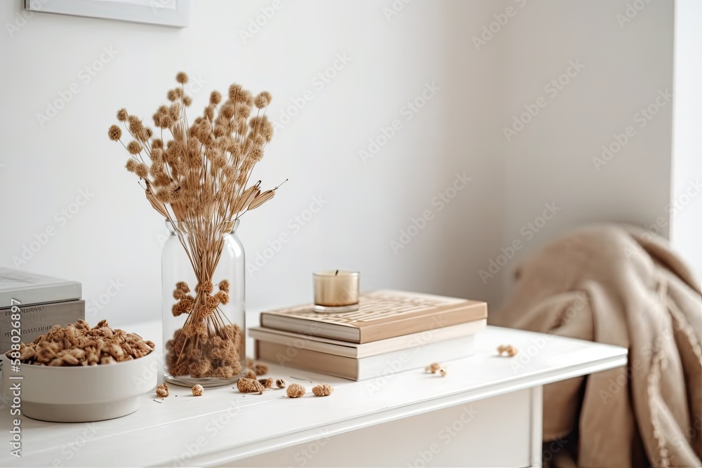 minimalist white table decorated with a vase of dried flowers. Generative AI