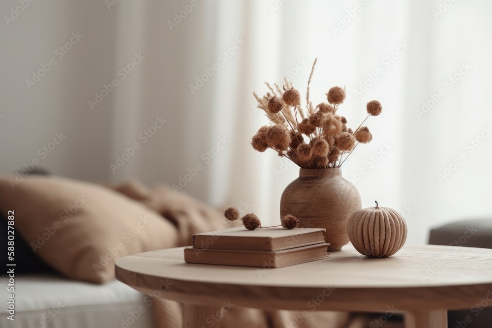 wooden table adorned with a vase of vibrant flowers. Generative AI