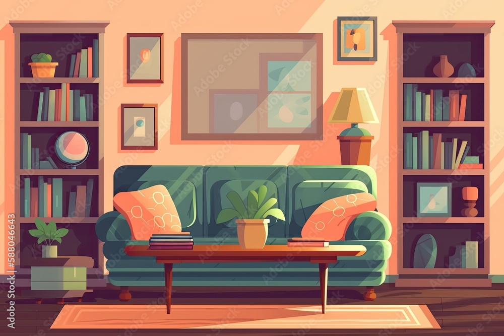 cozy living room with modern furniture and decorative elements. Generative AI