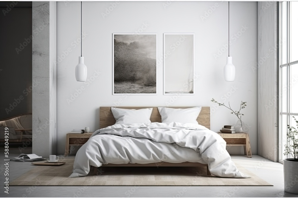 cozy bedroom with a king-sized bed and an art piece hanging on the wall. Generative AI