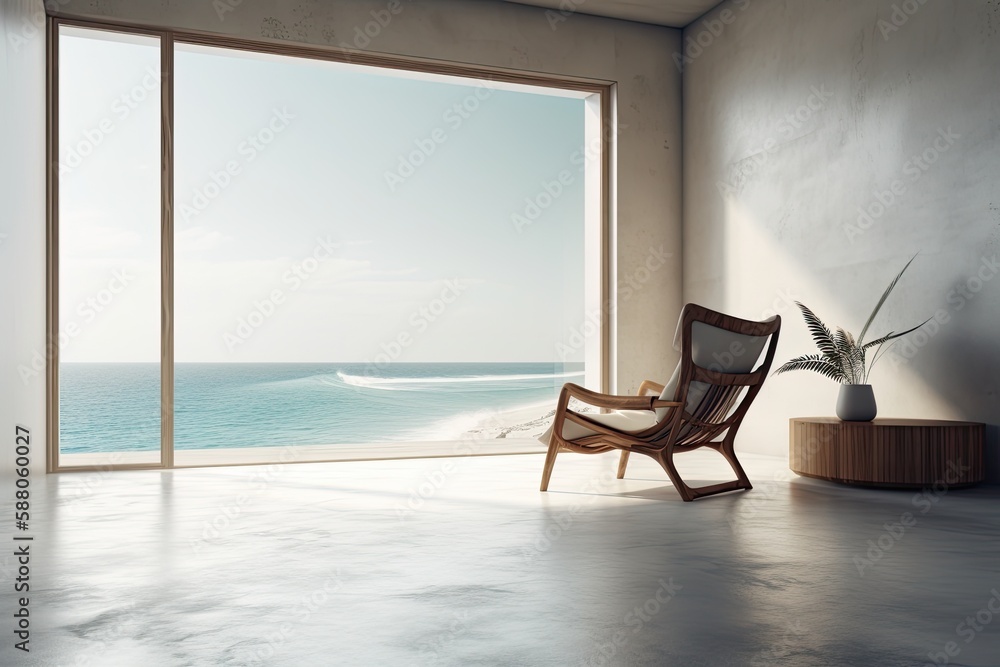 chair with a scenic ocean view from a window. Generative AI