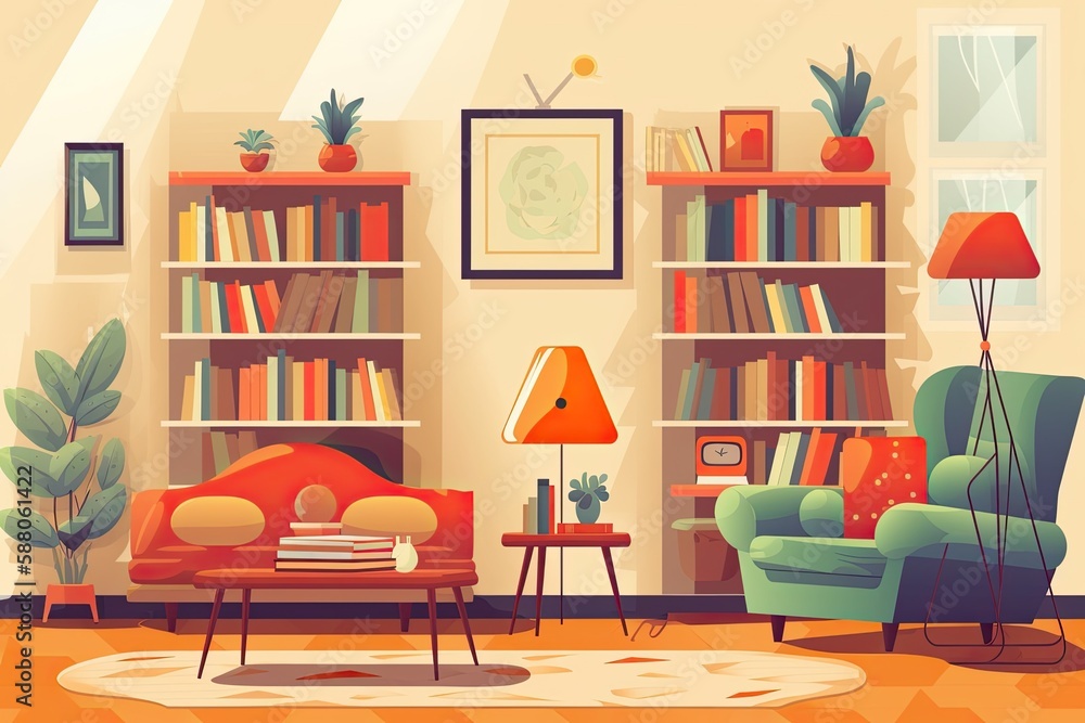 cozy living room with a fully stocked bookshelf and comfortable furniture. Generative AI