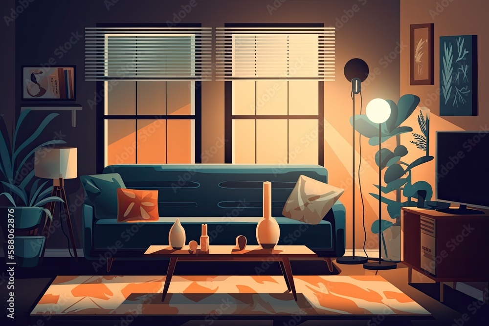 cozy living room with modern furniture and a large TV. Generative AI