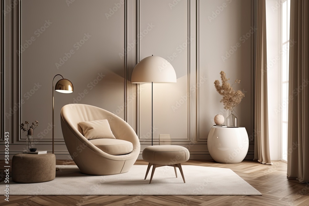 cozy living room with a comfortable armchair and a warm table lamp. Generative AI