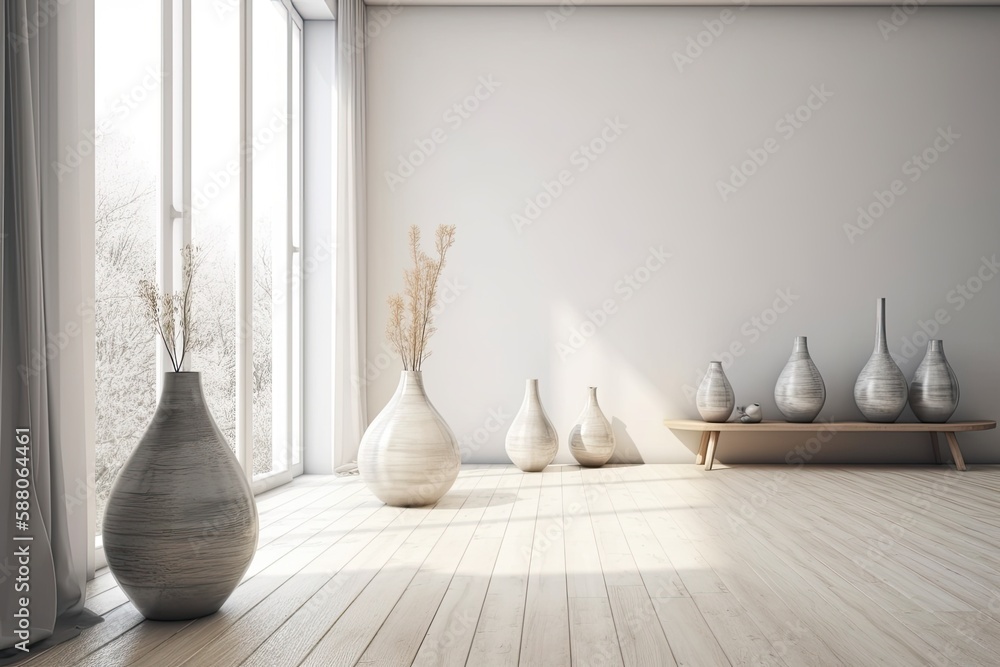 Illustration of colorful ceramic vases arranged on a wooden floor. Generative AI