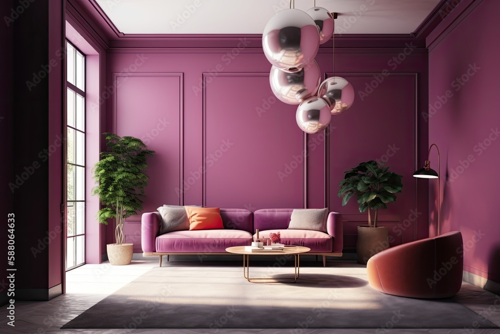 cozy living room with purple walls and furniture. Generative AI