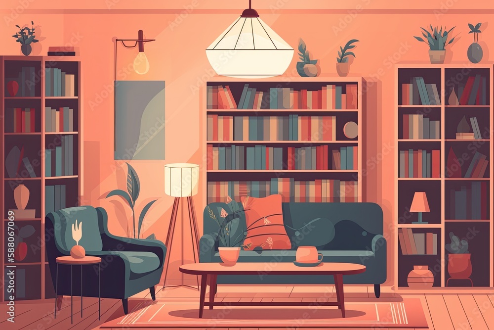 cozy living room with a bookshelf and various pieces of furniture. Generative AI