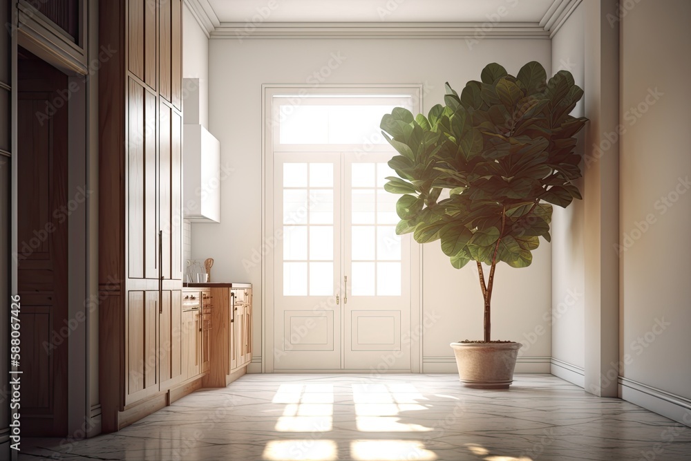 green potted plant on a windowsill in a cozy kitchen. Generative AI