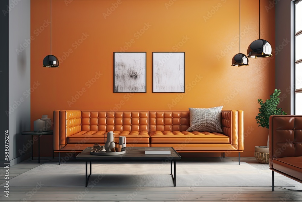 cozy living room with warm orange walls and matching furniture. Generative AI