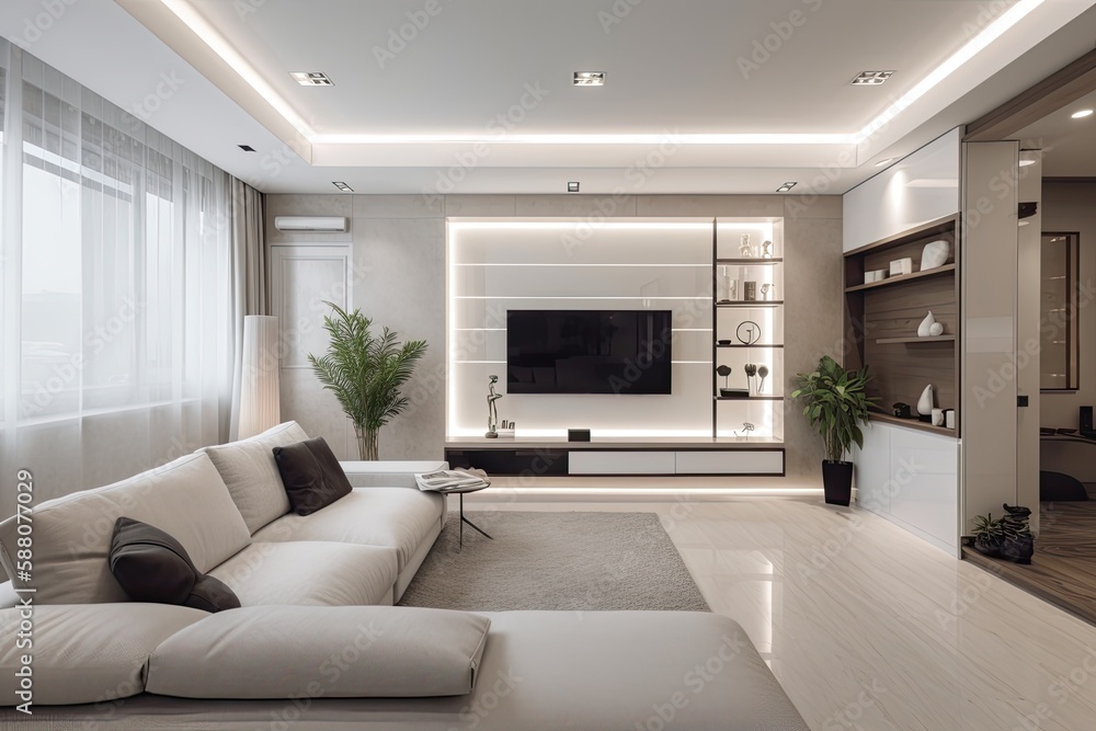 modern living room with a spacious white sofa and a large flat-screen television. Generative AI