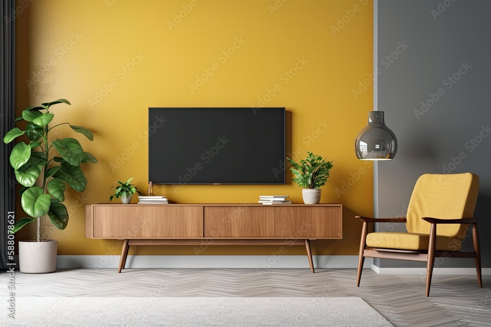 cozy living room with warm yellow walls and a TV as the focal point. Generative AI