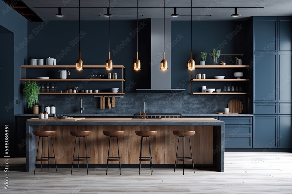 modern kitchen with a spacious island and stylish bar stools. Generative AI