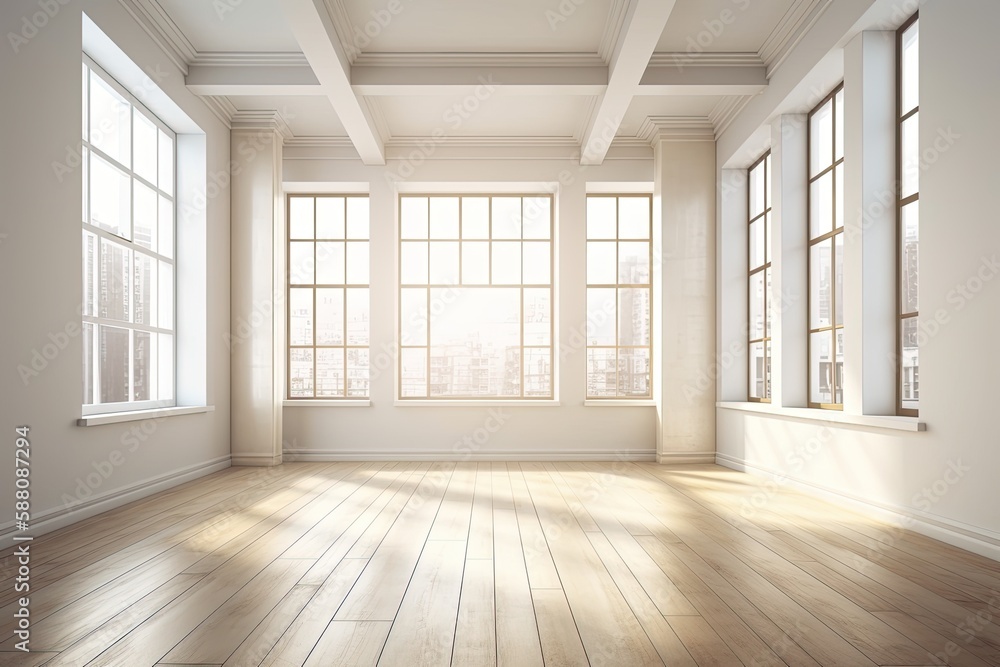 Illustration of an empty room with natural lighting and wooden flooring. Generative AI