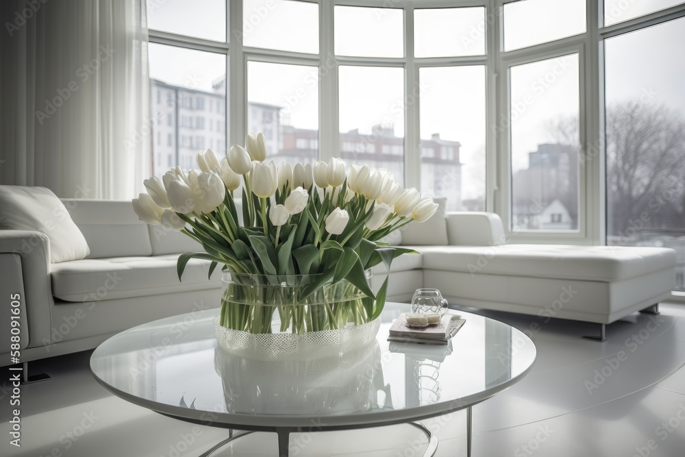 white flower bouquet in a vase placed on a table. Generative AI