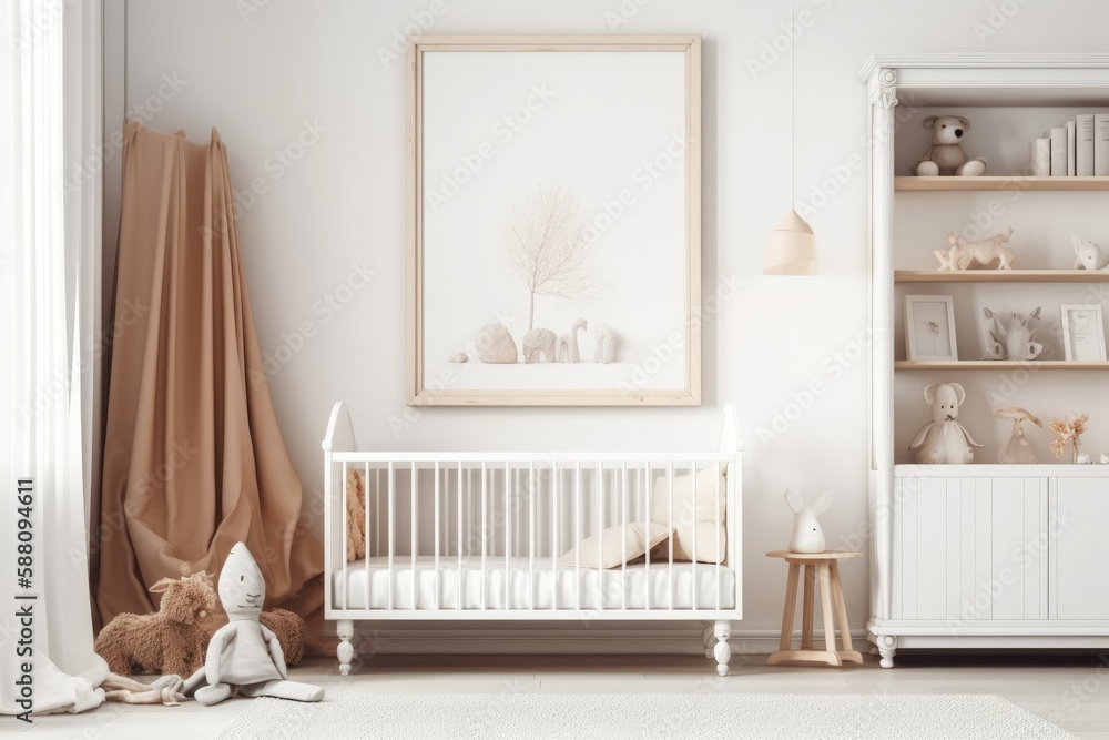 cozy and minimalist babys room with a white crib and a cuddly teddy bear. Generative AI