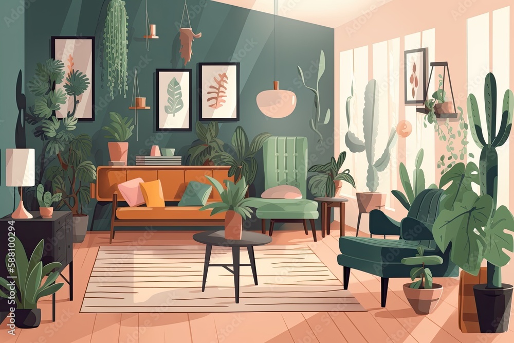 cozy living room filled with lush green plants and comfortable furniture. Generative AI