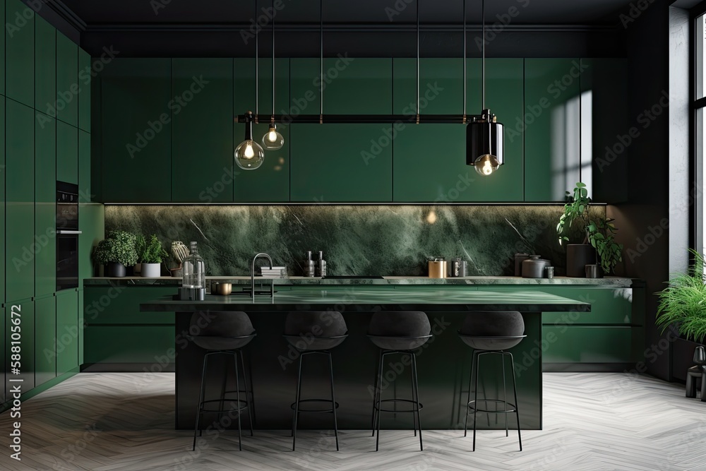 modern kitchen with green walls and a sleek marble countertop. Generative AI